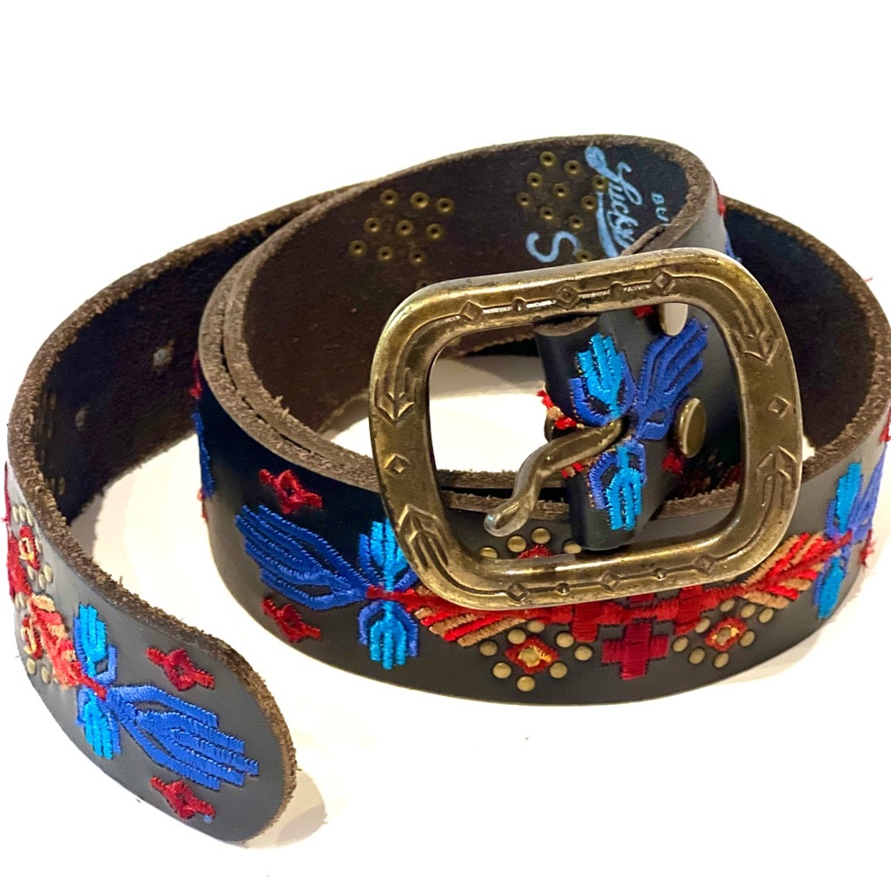 Lucky Brand Black Belt with Blue and Red Embroidery